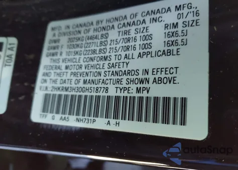 2016 Honda Cr-V Lx из США, поврежденный, VIN 2HKRM3H30GH518778